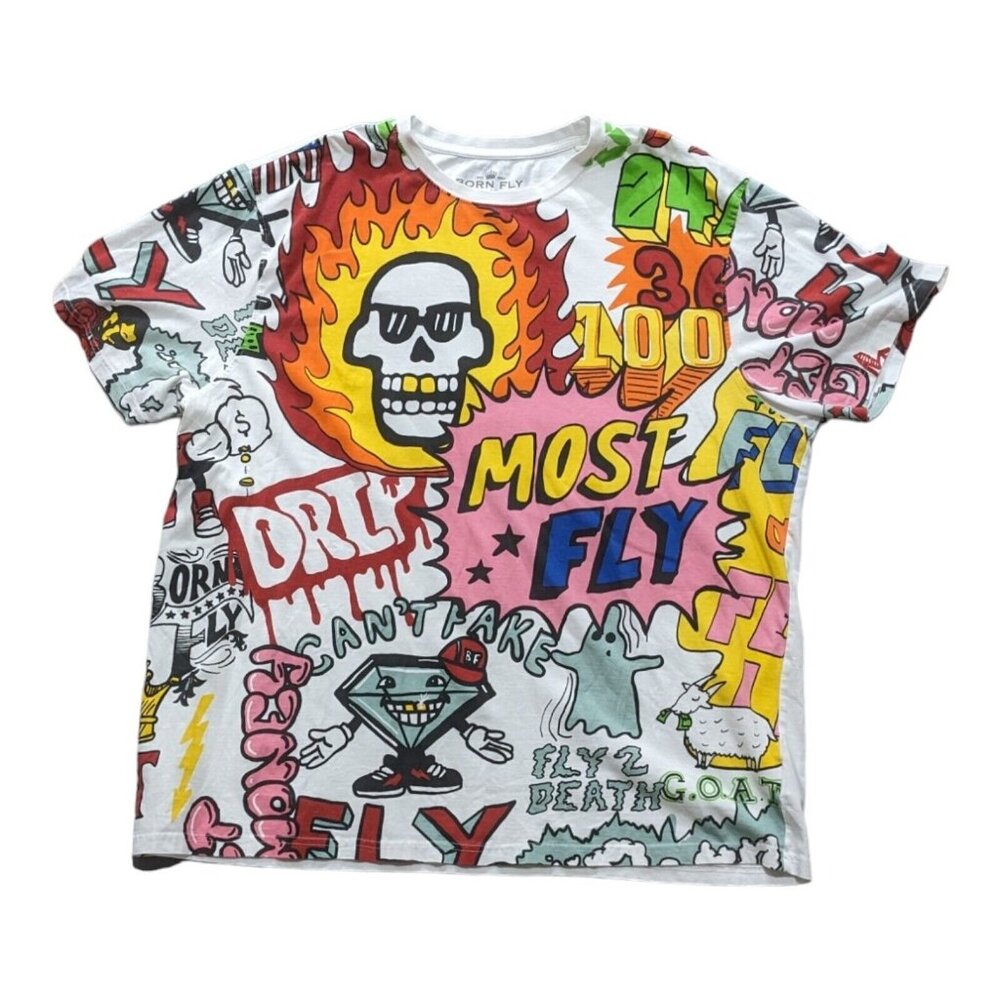 Born Fly T-Shirt Mens 3XL White All Over Print Graffiti Short Sleeve Crew Neck